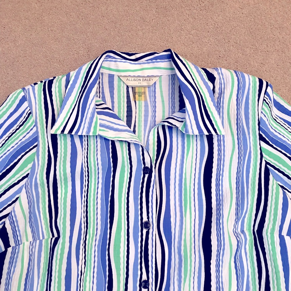 Allison Daley Striped Button Down Blouse Size 16W Blue Green Office School - Picture 2 of 9